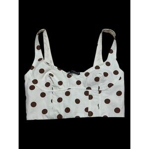 Zara Womens Polka Dot Bustier Crop Top White Brown Smocked Back Size Medium